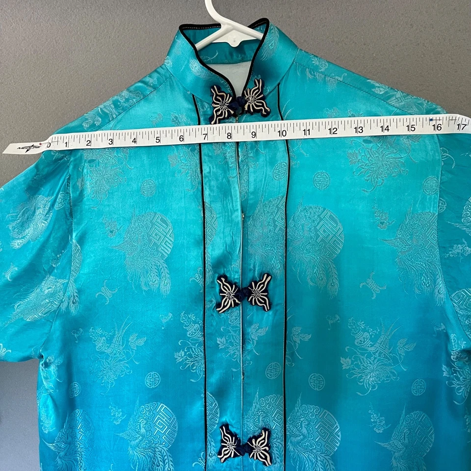 Antigo Roupão Kimono Brocado 100% Seda, Tamanho M, Azul, Padrão Phoenix, Bom Estado - Imagem 3 de 4