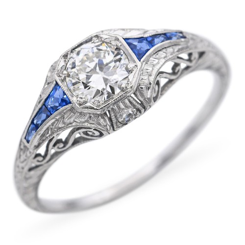 Antique Platinum 0.52ct Diamond and Sapphire Engagement Ring - 第 2/7 張圖片