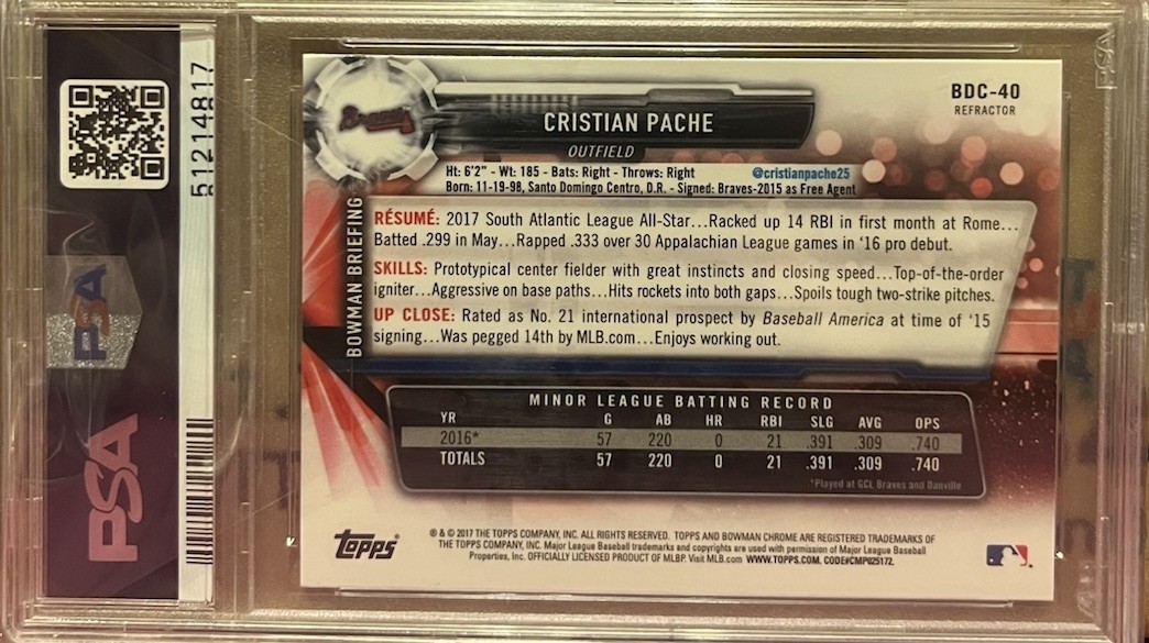 Psa 10 2017 Bowman Draft Cristian Pache Chrome Refractor Gem Mt view 2