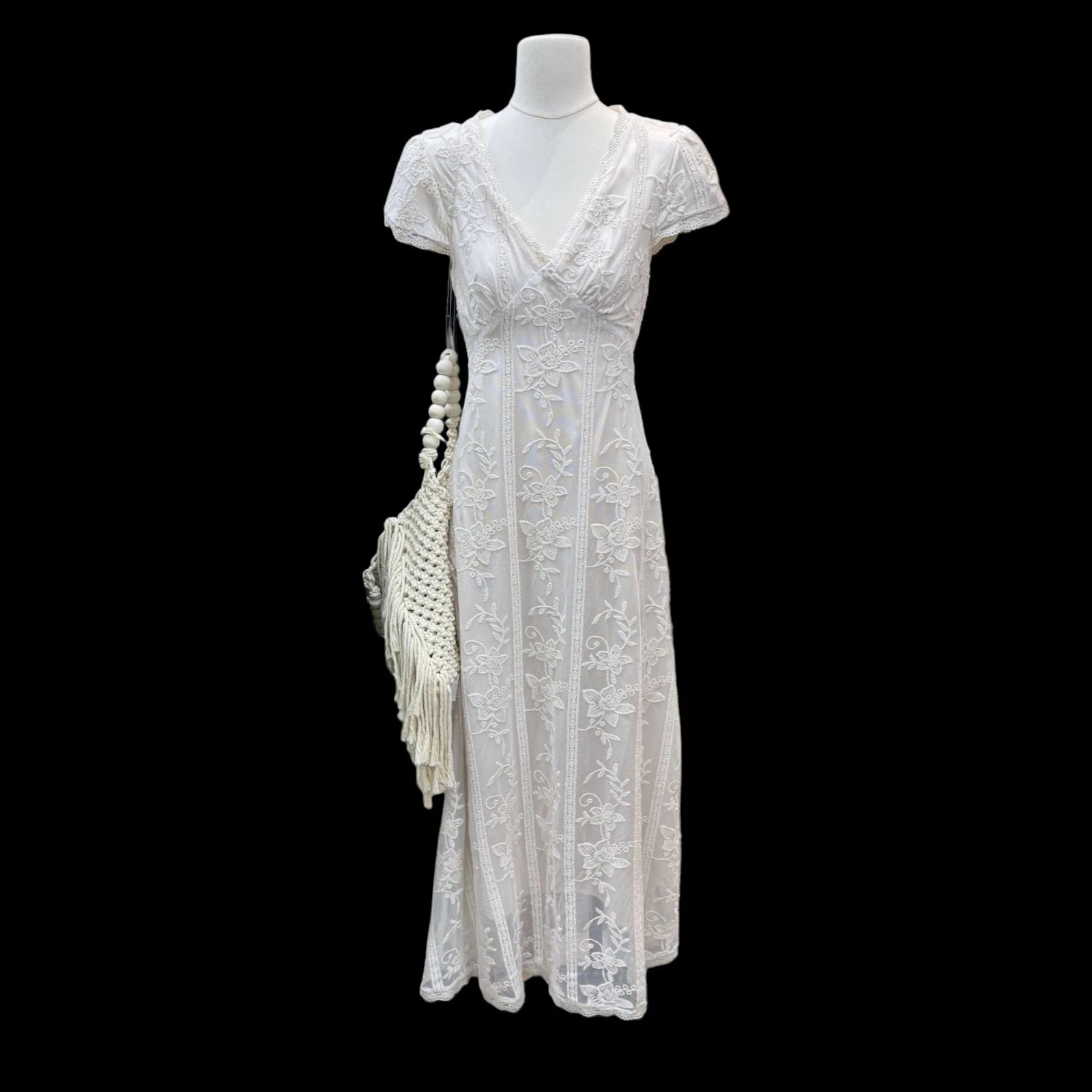 Women’s White Embroidered Lace Maxi Dress Cottagecore Romantic Summer Dress
Opens in a new window or
