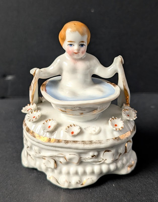 Antique Victorian Fairing Trinket Box Conta Boehme Baby Canoe Matching 726
