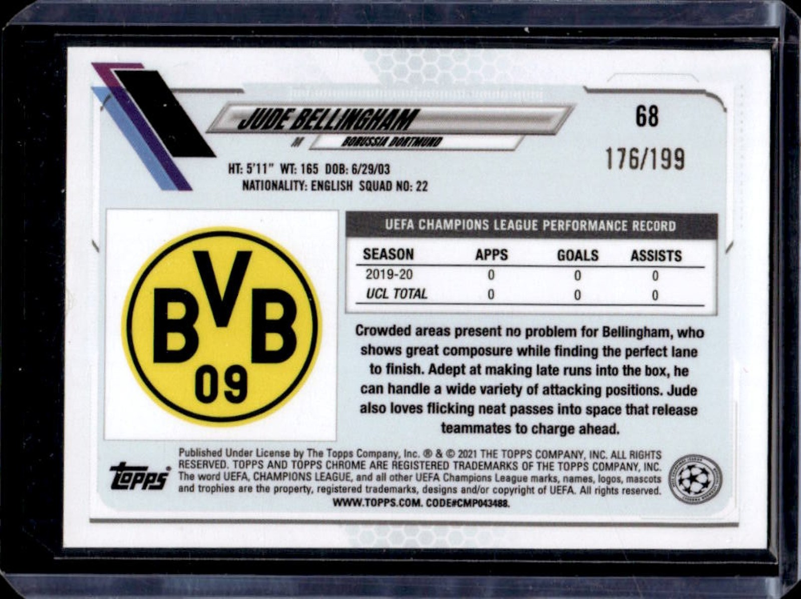 2020-21 Topps Chrome UEFA Jude Bellingham RC Aqua Rookie #/199 Dortmund view 2
