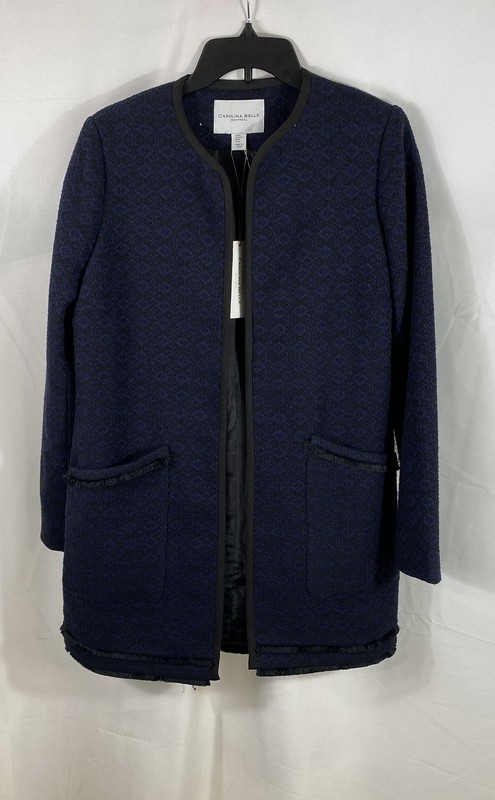 Carolina Belle Women's Navy Blue Black Geometric Jacquard Open Front Jacket Sz M