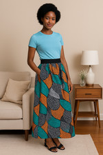 Bold African Wax Print Long Skirt with Stretch Waist  Ankara Fashion