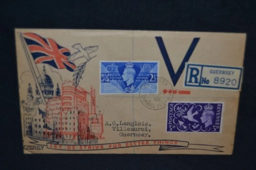 GB first day cover 1946 Victory on illustrated cover with scarce Guernsey cancel
