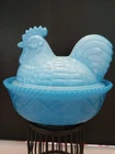 New ListingVINTAGE ROOSTER ON A NEST BLUE MILK GLASS.