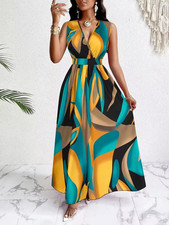Tropical Print V-Neck Waist Cinch Dress