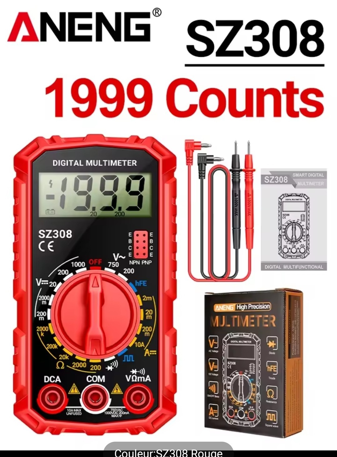 Multimètre numérique compact ANENG SZ308 avec testeur de diode et écran rétroéclairé