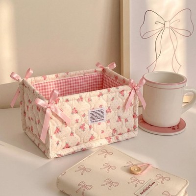 Mifoci Quilted Floral Storage Basket Preppy Cotton Decorative Laundry Pink