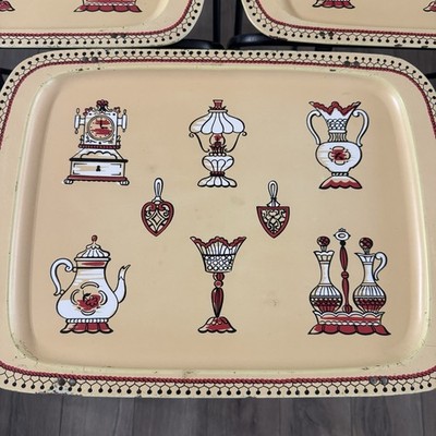 Vintage 1950s Metal TV Trays Set of 4 w/ Stand Holder Yellow Red