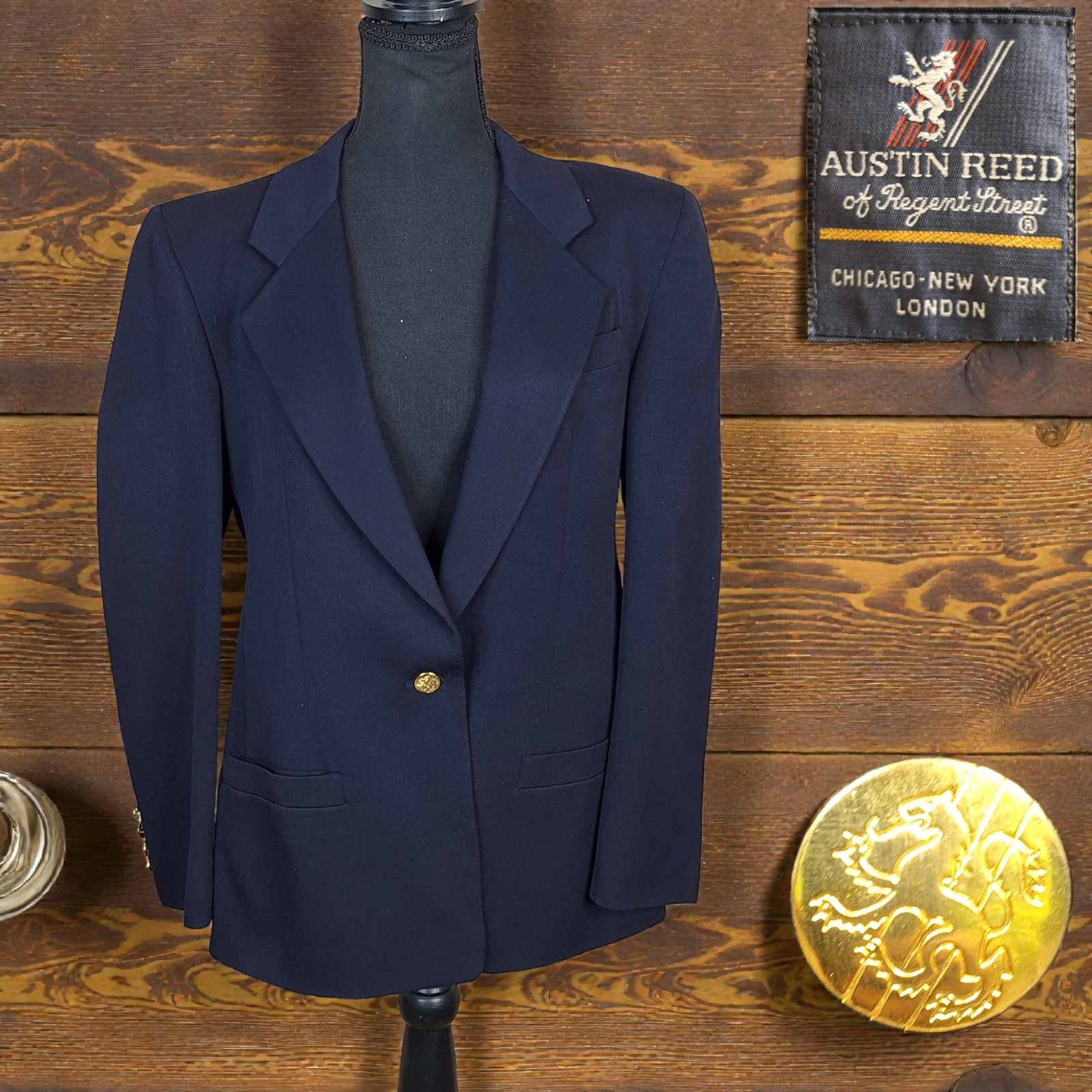 Austin Reed Blazer Jacket Womens 12P Dark Navy with Gold Button Vintage