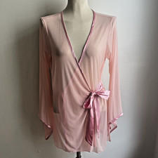 Vintage Fredericks of Hollywood Pink Sheer Robe Bow Belt Bell Sleeve Large XL