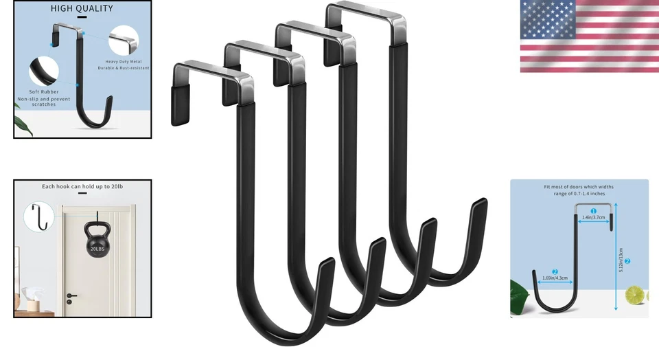 Elegantes ganchos de puerta negros - Paquete de 4 perchas de alta resistencia para organización del hogar Foto 2 de 4