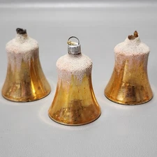 Vintage Gold Bell Glass Christmas Ornaments Mica Snow Cap Clapper 2" Set of 3
