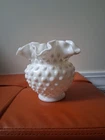 Vintage Fenton White Milk Glass Hobnail Ruffled 4" Vase Crimped MCM