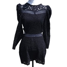 Express Womens Black Floral Lace Cutout Puff Sleeve Mini Dress Size M Y2K
