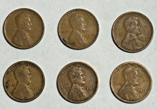 Pre WW I 1909, 1910, 1911, 1912, 1913 ,1914 all P Lincoln Cent Penny VG +