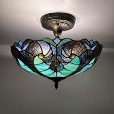 Tiffany Style Ceiling Lights Green Brown Stained Glass LED Bulbs 12"H 16"W 16"D