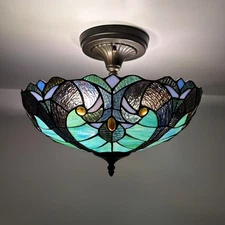 Tiffany Style Ceiling Lights Green Brown Stained Glass LED Bulbs 12"H*16"W*16"D