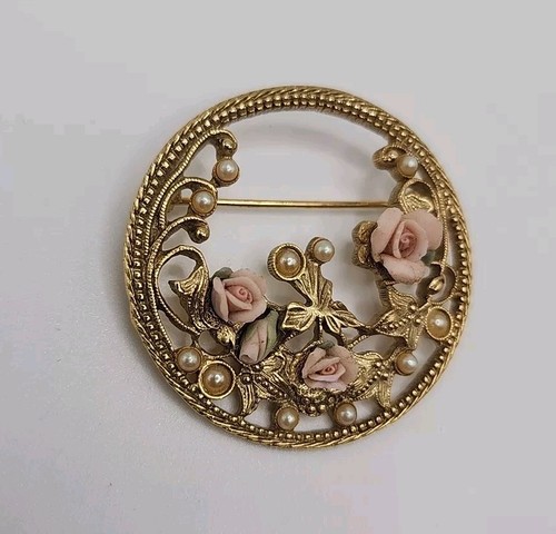Vintage romantische viktorianische Jugendstil Brosche Rosen Kunstperlen verziert goldfarben - Bild 4 von 15