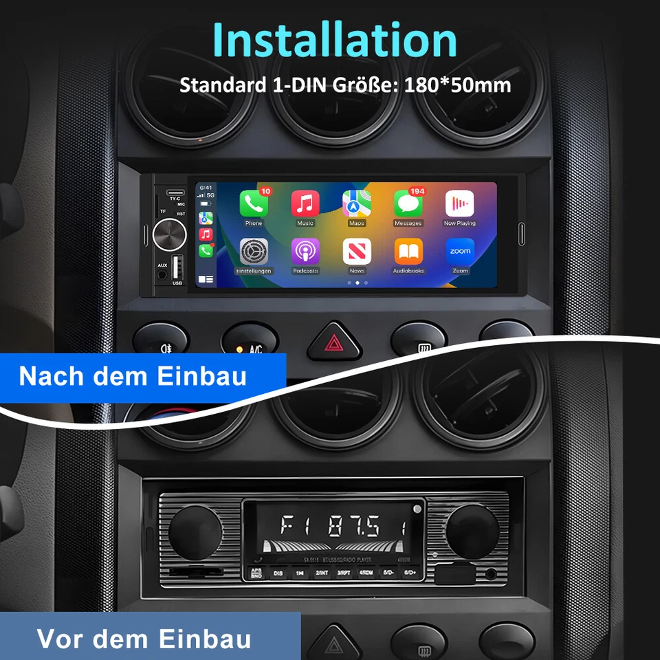 6.36" Apple Carplay Autoradio 1 DIN GPS Navi Android Auto KAM USB Mit Bildschirm - Bild 3 von 4