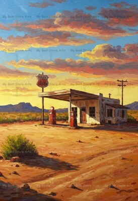 ROUTE 66 DESERT GAS STATION ART PRINT, Vintage American Poster