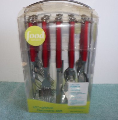 FOOD NETWORK Service for 4 Flatware 20 Piece Set W/Hanging Storage Rack Red New