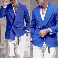 Linen Men Suit Double Breasted Blazer Regular Fit Tuxedos Peak Lapel Summer Wear