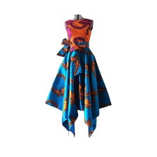 Ankara African Print Dress High/Low Sleeveless Belted with Butterflies Small