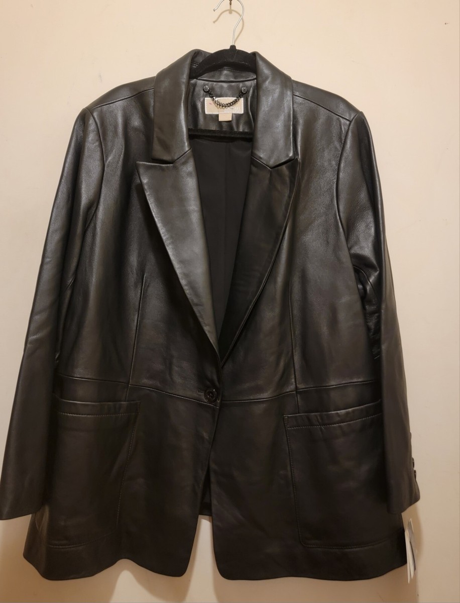 MICHAEL MICHAEL KORS Women's Plus Leather Blazer Coat Black Sz 2x