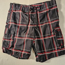 OP Ocean Pacific Swim Trunks Board Shorts Men's Black Plaid Size L 36-38