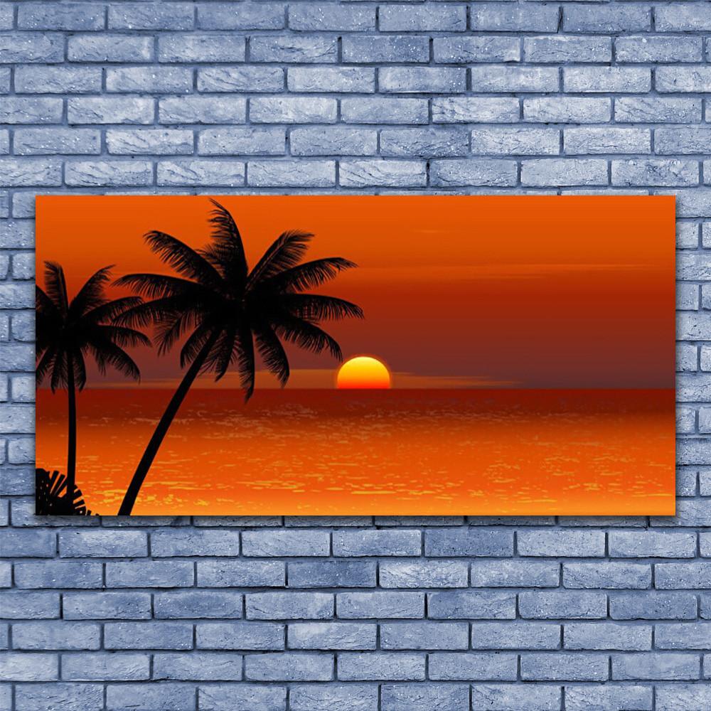 Image sur verre acrylique palmiers et soleil pour salon moderne
