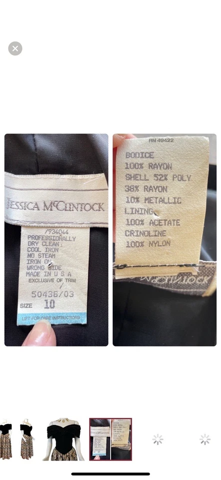 Vestido JESSICA McCLINTOCK Vintage Terciopelo y Brocado Hombro Descubierto, Negro y Dorado, 10 Foto 4 de 4