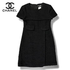 CHANEL Dress 38 Wool Boucle Tweed Black Short Sleeve Elegant Style