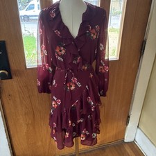 ASTR The Label Burgundy Floral Ruffled Wrap Mini Dress Sz Large NWT