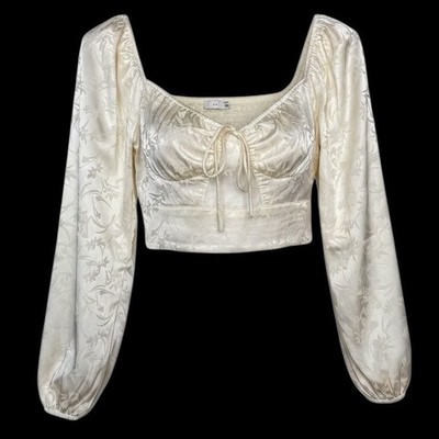 Lush Ivory Floral Jacquard Crop Top Smocked Front Balloon Sleeve Blouse S