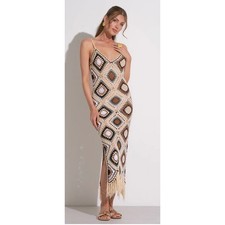 Elan Crochet Granny Square Maxi Dress Fringe Boho Beach Festival Tan L