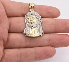 1 3/4" Jesus Head Diamond Cut Two-Tone Pendant Real SOLID 10K Yellow White Gold