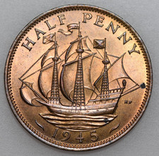 1945 GEORGE VI HALFPENNY, BRITISH BRONZE COIN, BU MUCH LUSTER