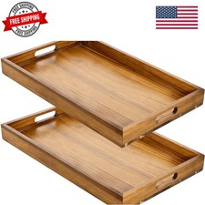 2 Pack 17 x 12 Inch Acacia Wood Serving Tray with Handles, Large Wooden Tray ...