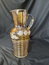 German Bavarian Hand Painted Large Glass Pour Pitcher Iridescent  12 In