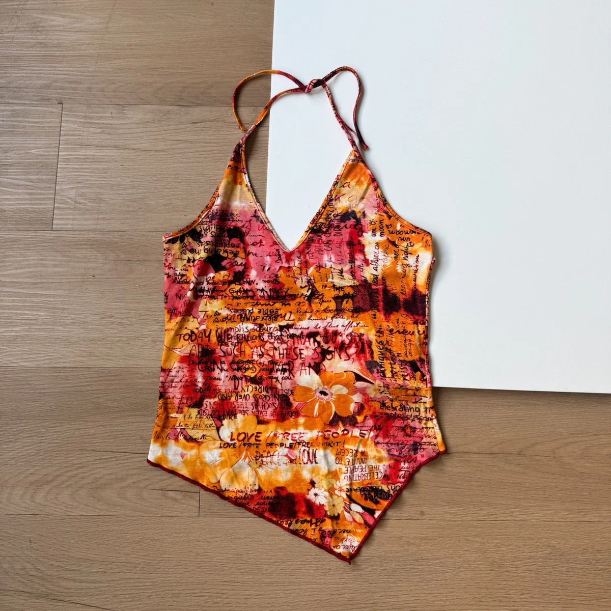 Vintage Y2K Red Orange Graphic Handkerchief Hem Halter Top Small Fairycore