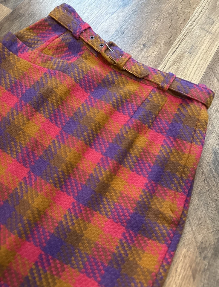 Falda de lana a cuadros Union Made Madras de colección EE. UU. AÑOS 70 rosa/púrpura a cuadros XS W24 Foto 3 de 4