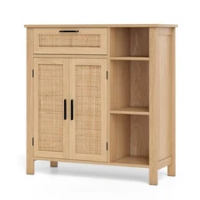 Buffet Sideboard w/Rattan Woven Doors & Drawer Adjustable Shelf & Open Cubbies