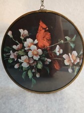 BEAUTIFUL VINTAGE GLASS CARDINAL BIRD  FLOWERS SUNCATCHER - WINDOW SUN CATCHER