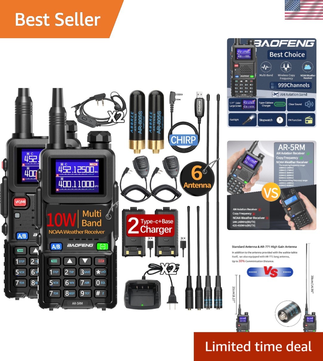 AR-10W Long Range Handheld Radio Set with USB-C Charging - I