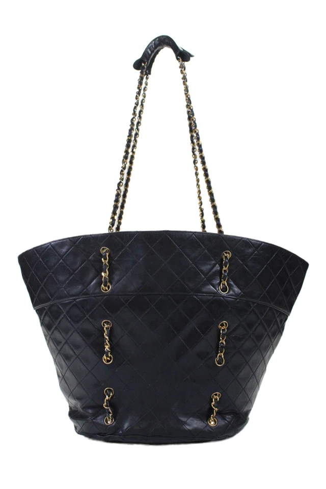 Chanel Mujer Cuero Acolchado Cadena Correa Cesta Bolso de Mano Negro Foto 2 de 4