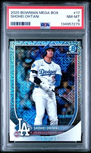 134957279 Shohei Ohtani 2025 Bowman Chrome #17 Mega Refractor PSA 8