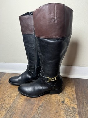 Ralph Lauren Menna Black Brown Leather Riding Boots Women 7B Two Tone Gold Ware