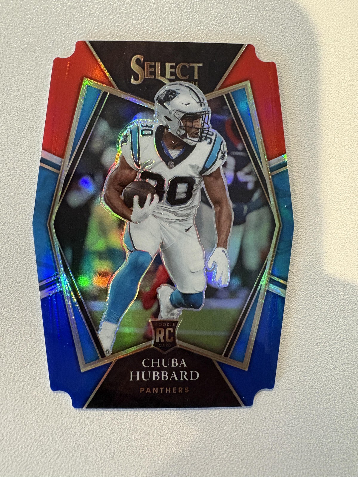 Chuba Hubbard 2021 Panini Select #176 Red and Blue Prizm Die Cut RC TY1